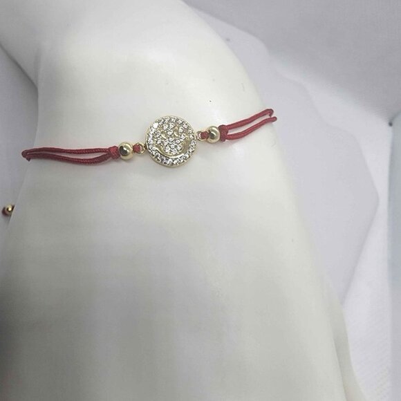 Stering Silver 925 Happy Face Design With Red String Bracelet - Picture 1 of 4